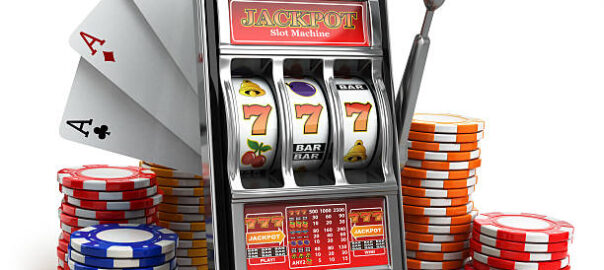 Online casino concept. Mobile phone, slot machine, dice and cards. 3d